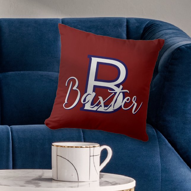 Almofada Nome branco vermelho e azul e monograma personaliz (Red White & Blue Name and Monogram Personalized Throw Pillow
)
