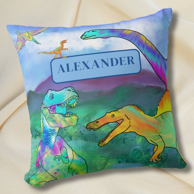 Almofada Nome Colorido das Crianças Personalizadas do Dinos (Colorful dinosaur personalized name kids pillow Fun dino bedroom home decor)