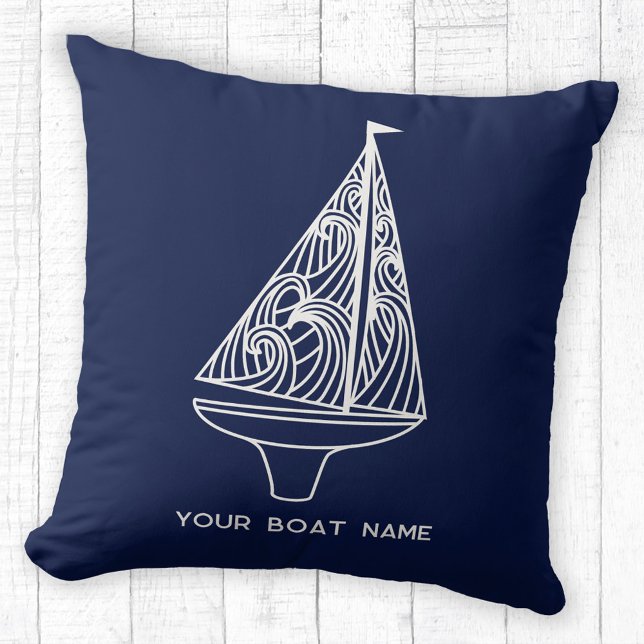 Almofada Nome da embarcação à vela Azul Marinho náutico (Your boat name custom text sailing boat yacht navy blue throw pillow)