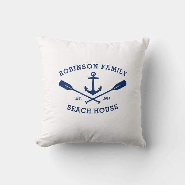 Almofada Nome da família Beach House Barat Anchor Crossed O (Frente)