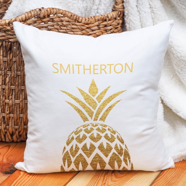 Almofada Nome da família branca do abacaxi na moda Dourado (White and gold pineapple family name pillow)