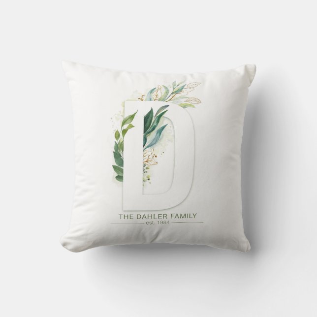 Almofada Nome da Família D Monograma Dourado Verde Elegante (Frente)