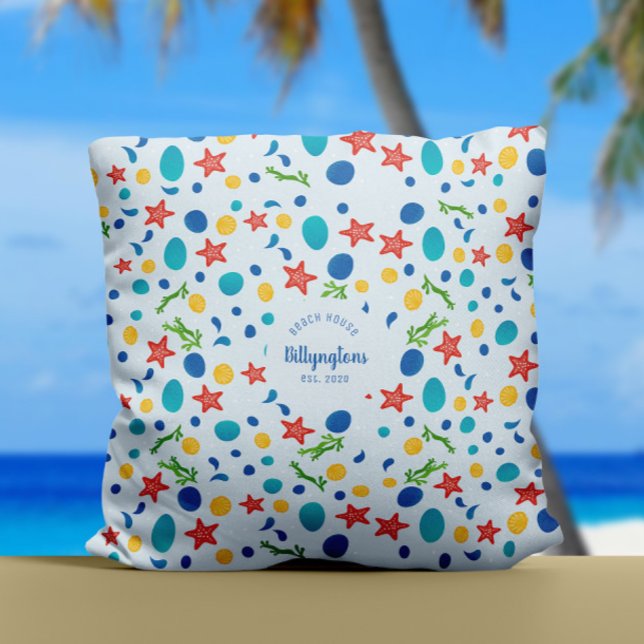 Almofada Nome da família do oceano nome da praia casa do ma (Personalized family home decor pillow with custom family name and sea collage ocean pattern)
