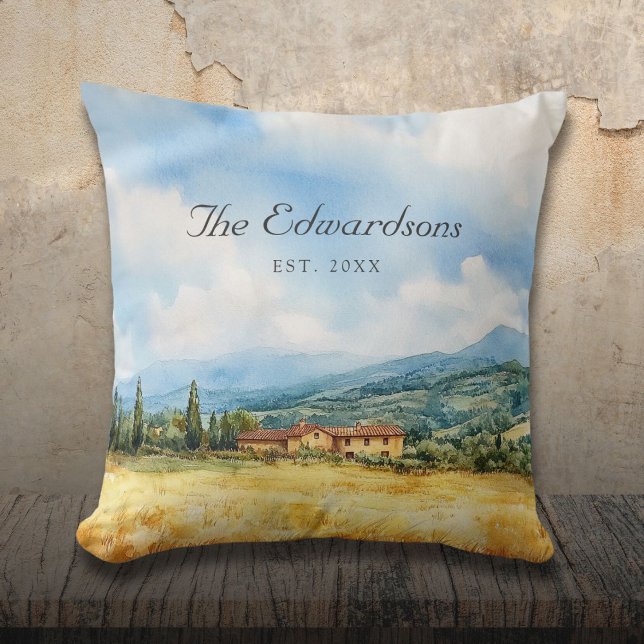Almofada Nome da Família Mediterrânica Watercolor Tuscan (Watercolor Tuscan Mediterranean Family Name Throw Pillow)
