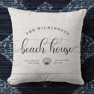 Almofada Nome da Família Modern Beach House Script White Wo