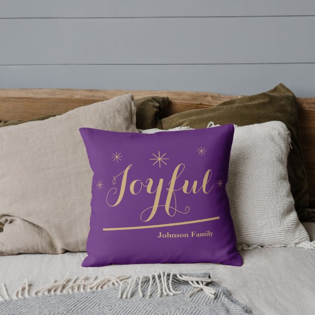 Almofada Nome da Família Personalizada Elegante Joyful (Celebrate a little Christmas Joy with these cheerful purple gold throw pillows.)