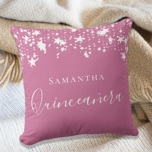 Almofada Nome das estrelas brancas cor-de-rosa Quinceanera