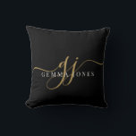 Almofada Nome das Iniciais do Monograma Dourado de Script E<br><div class="desc">Um travesseiro decorativo na moda moderno chic com um monograma preto-ouro com uma escrita dramática inicial com baloiços e o seu nome de cheio. Simples elegância. O fundo tem um efeito texturizado visual. Dourado em preto.</div>