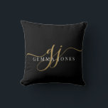 Almofada Nome das Iniciais do Monograma Dourado de Script E<br><div class="desc">Um travesseiro decorativo na moda moderno chic com um monograma preto-ouro com uma escrita dramática inicial com baloiços e o seu nome de cheio. Simples elegância. O fundo tem um efeito texturizado visual. Dourado em preto.</div>
