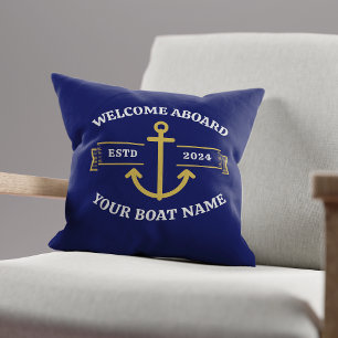 Almofada Nome de Barco Personalizado Bem-vindo a Bordo Azul