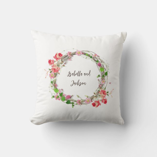 Almofada nome de casal novo personalizado elegante floral (Frente)