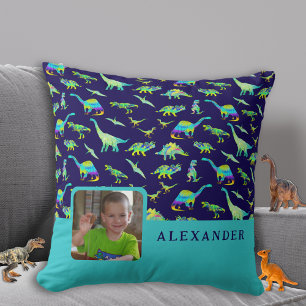 Almofada Nome de foto personalizado do dinossauro azul