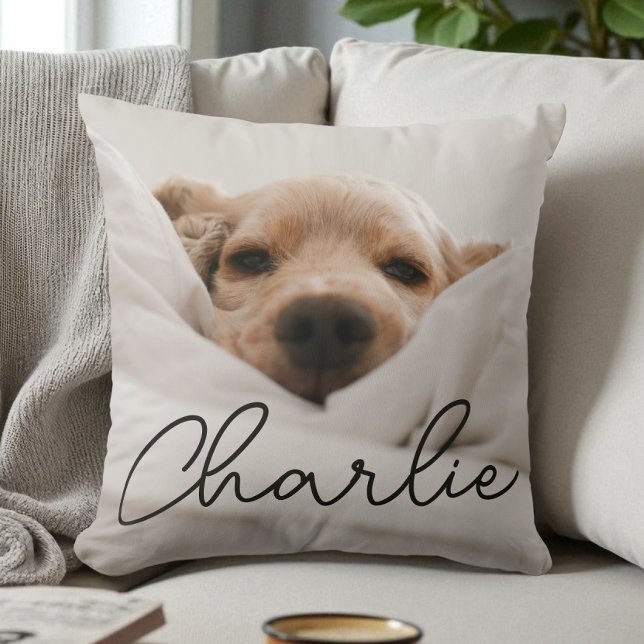 Almofada Nome de Roteiro Moderno Foto de Pet Personalizada  (Modern Script Name Personalized Pet Photo Dog Throw Pillow)
