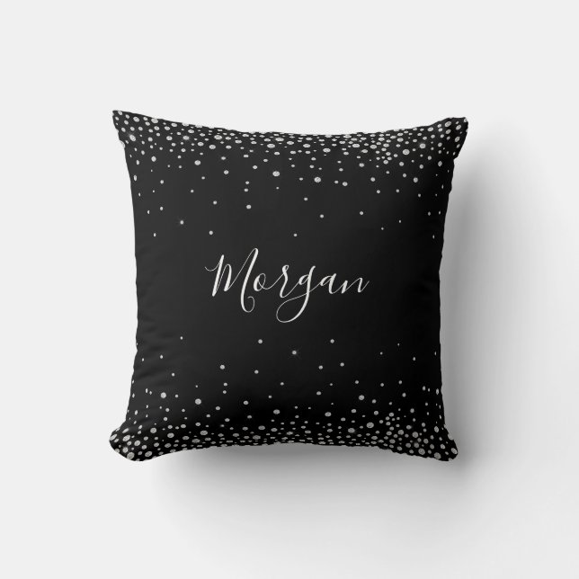 Almofada Nome DIY Script Branco & Diamantes Brancos, Preto  (Frente)