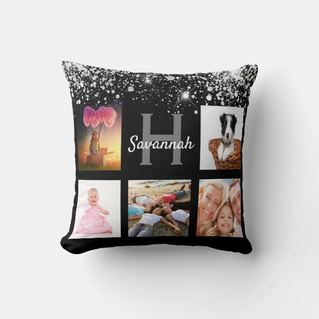 Almofada Nome do monograma da colagem de fotos com brilho p (Frente)
