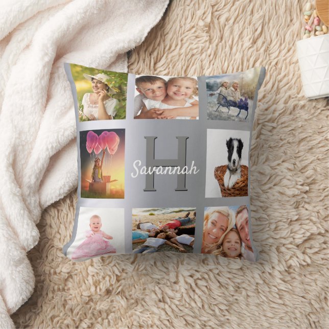 Almofada Nome do monograma da colagem de fotos prateadas (Cobertor)