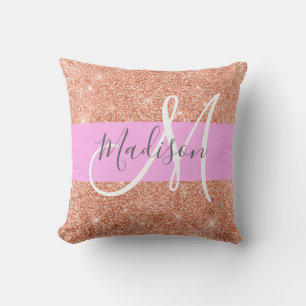 Almofada Nome do Monograma de Glitter Dourado Rosa Brilhant