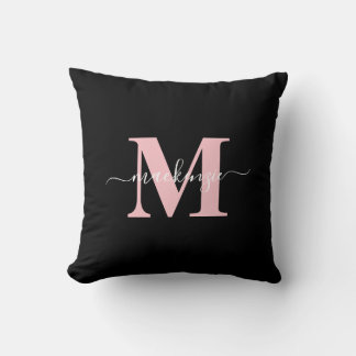 Almofada Nome do Monograma Elegante Preto e Rosa Moderno