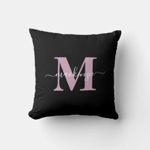 Almofada Nome do Monograma Elegante Preto e Roxo Moderno