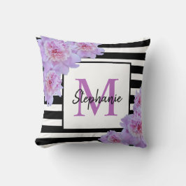 Almofada Nome do Monograma Flor Cor-de-rosa Stripe Preta Ro