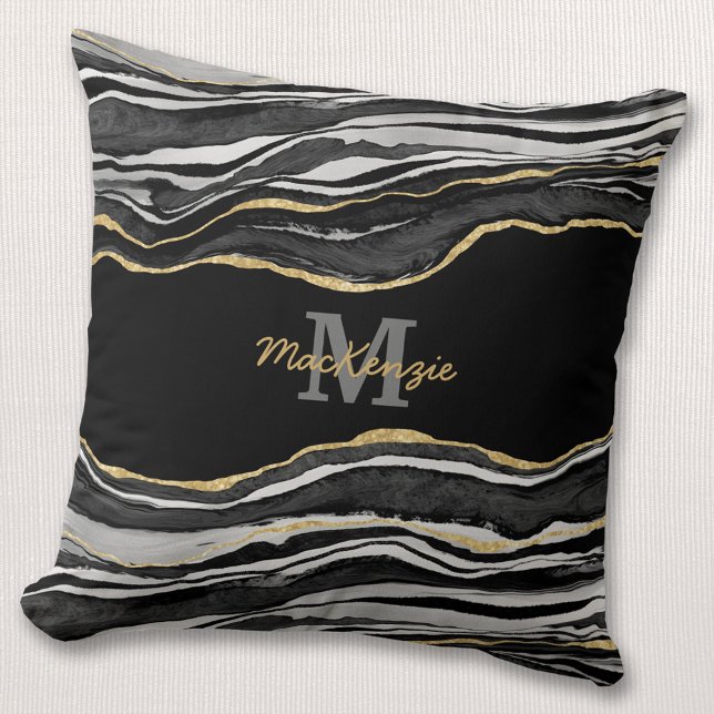 Almofada Nome do Monograma Glitor Preto Agate Glitter Doura (Criador carregado)