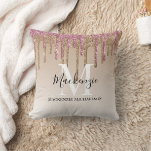 Almofada Nome do Monograma Glitter Rosa Rosa Menor Dourado