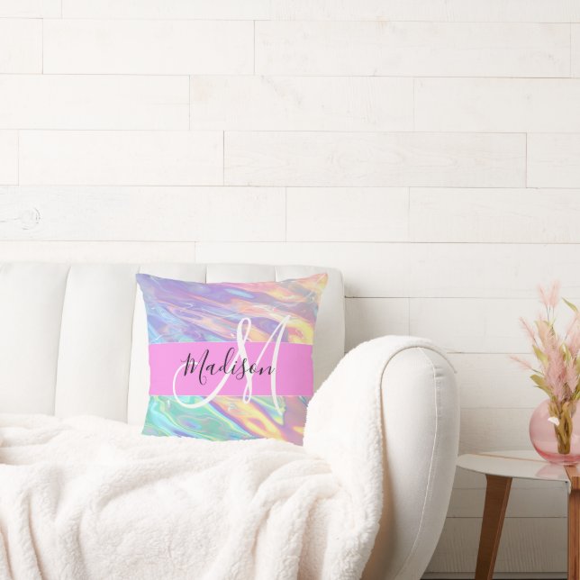 Almofada Nome do Monograma Iridescente Holográfico Rosa Gir (Sofá)