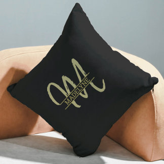Almofada Nome do Monograma Preto e Dourado Mínimo Feminino