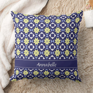 Almofada Nome do padrão de azulejo floral amarelo azul do M