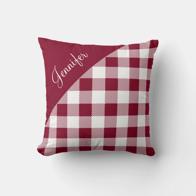 Almofada Nome do Padrão Gingham da Xadrez Burgundy Moderna (Frente)