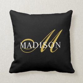 Almofada Nome do Script Dourado Preto do Monograma Elegante