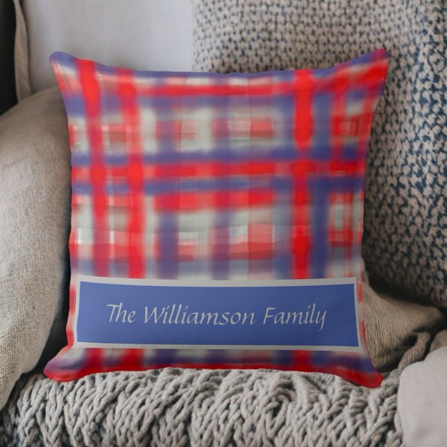 Almofada Nome do script xadrez azul vermelho cinza aquarela (Criador carregado)