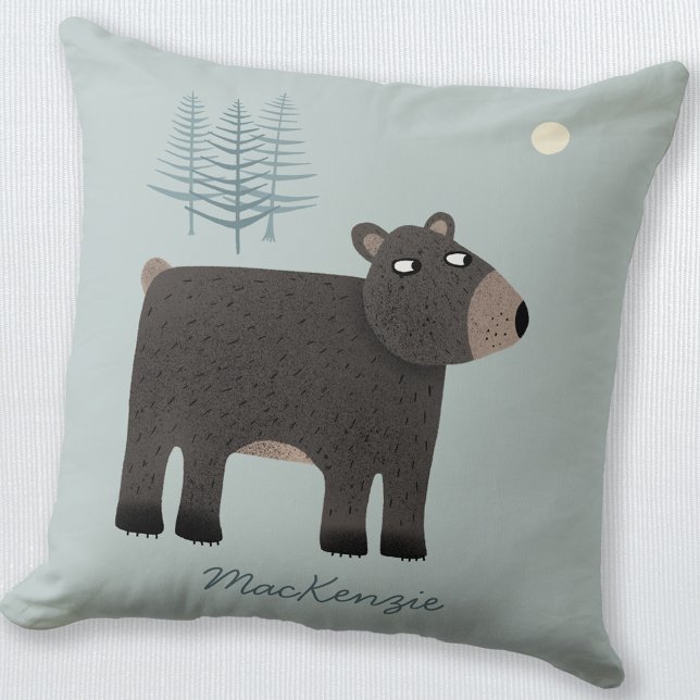 Almofada Nome do Urso-Cinto (Personalized name bear with moon and trees throw pillow)