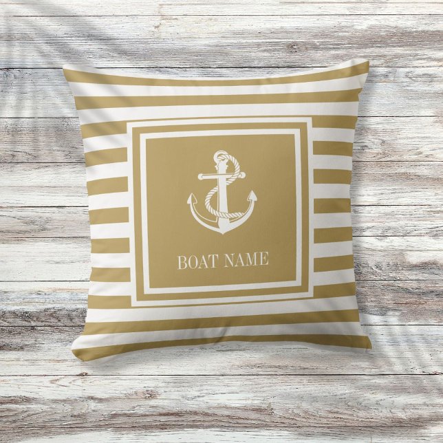 Almofada Nome Dourado do Barco Ancorante Náutico (Nautical Anchor Boat Name Gold Striped Throw Pillow)