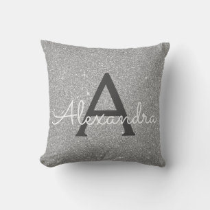 Almofada Nome e inicial do monograma do Silver Sparkle