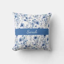 Almofada Nome Floral de Flor Silvestre de Aquarela Azul Per