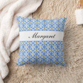 Almofada Nome Monograma Aquarela Limão Amarelo Azulejo Azul