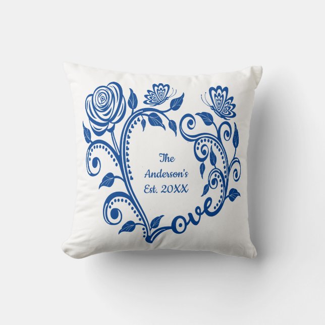 Almofada Nome Monograma Borboletas Flores Azul Coração Amor (Frente)