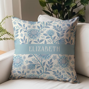 Almofada Nome Monograma Chintz Floral Vitoriano Azul