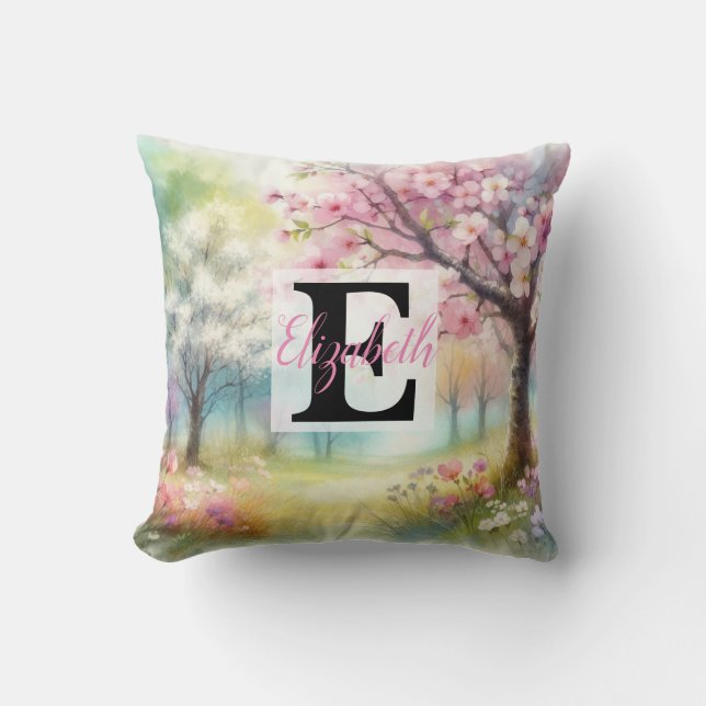 Almofada Nome monograma em aquarela Flores em pastos (Frente)