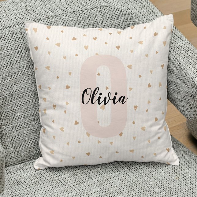 Almofada Nome Monograma Estético em Dourado Rosa com Coraçõ (Criador carregado)