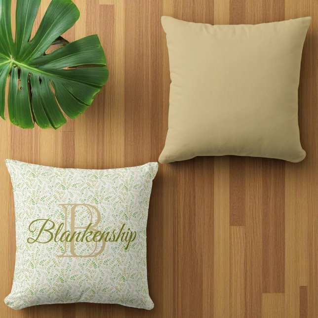 Almofada Nome Monograma Personalizado Padrão Fern Sólido Kh (front monogram and back solid color throw pillow)