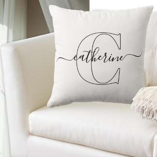 Almofada Nome Monograma Preto Branco Moderno Script Minimal