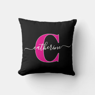 Almofada Nome Monograma Rosa Preto Script Minimalista Elega