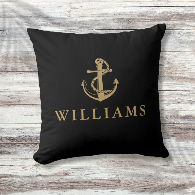 Almofada Nome Personalizado Âncora Náutica Preto E Dourado (Personalized Name Nautical Anchor Black And Gold Throw Pillow)