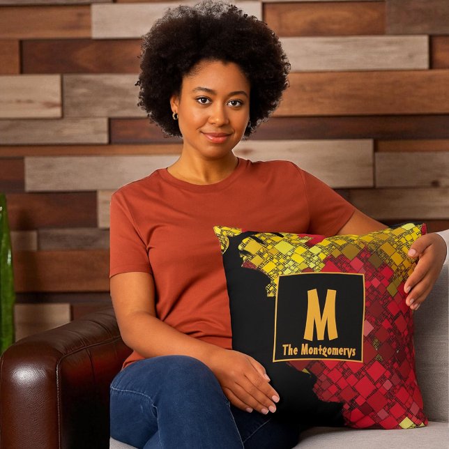 Almofada Nome Personalizado Contemporâneo Monograma de abst (Monogram and name on both sides of pillow)