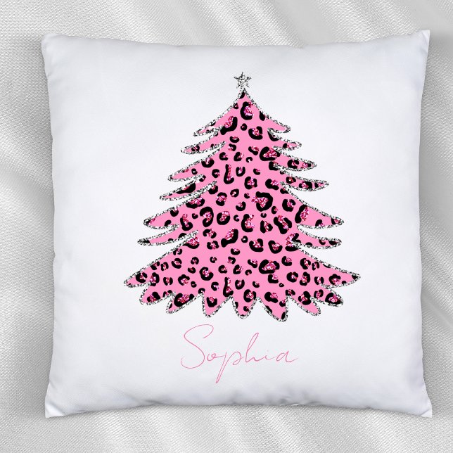 Almofada Nome Personalizado da Árvore de Natal Pink Leopard (Criador carregado)