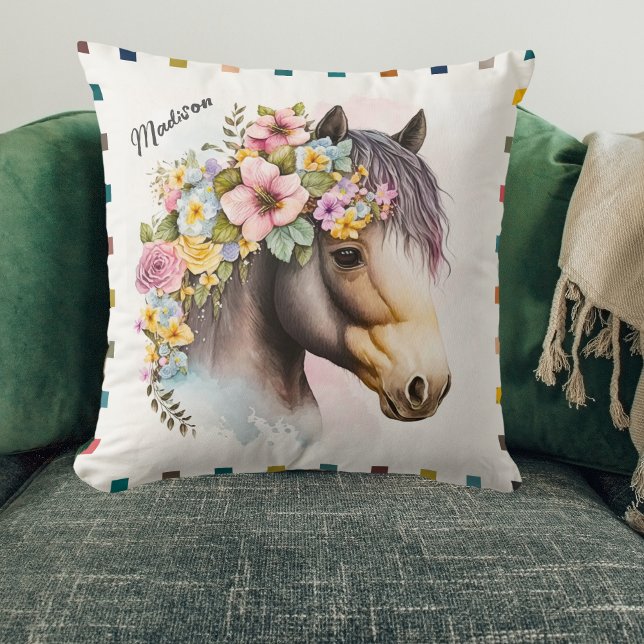 Almofada Nome Personalizado de Cavalo Floral de Cores Aquát (Criador carregado)