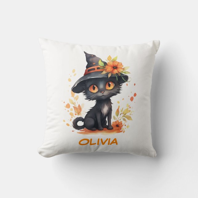 Almofada Nome Personalizado de Gato do Doce Halloween (Frente)