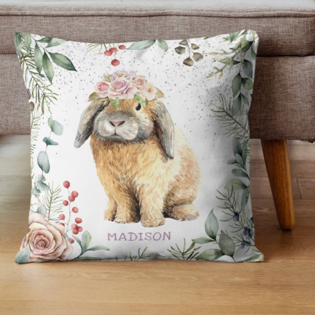 Almofada Nome Personalizado do Coelho Floral de Coelho de W (Criador carregado)